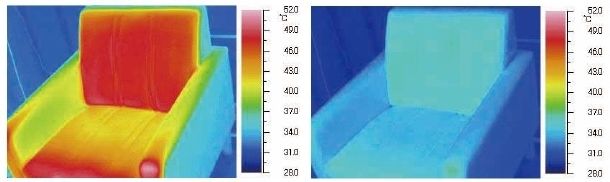 参考写真 リリカラ遮熱レース（ルミポール）　熱試験によるサーモグラフィー比較（2時間後）写真